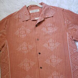 SOLD Island Republic Men Shirt Orange Large Button Front Short Sleeve 100% Silk